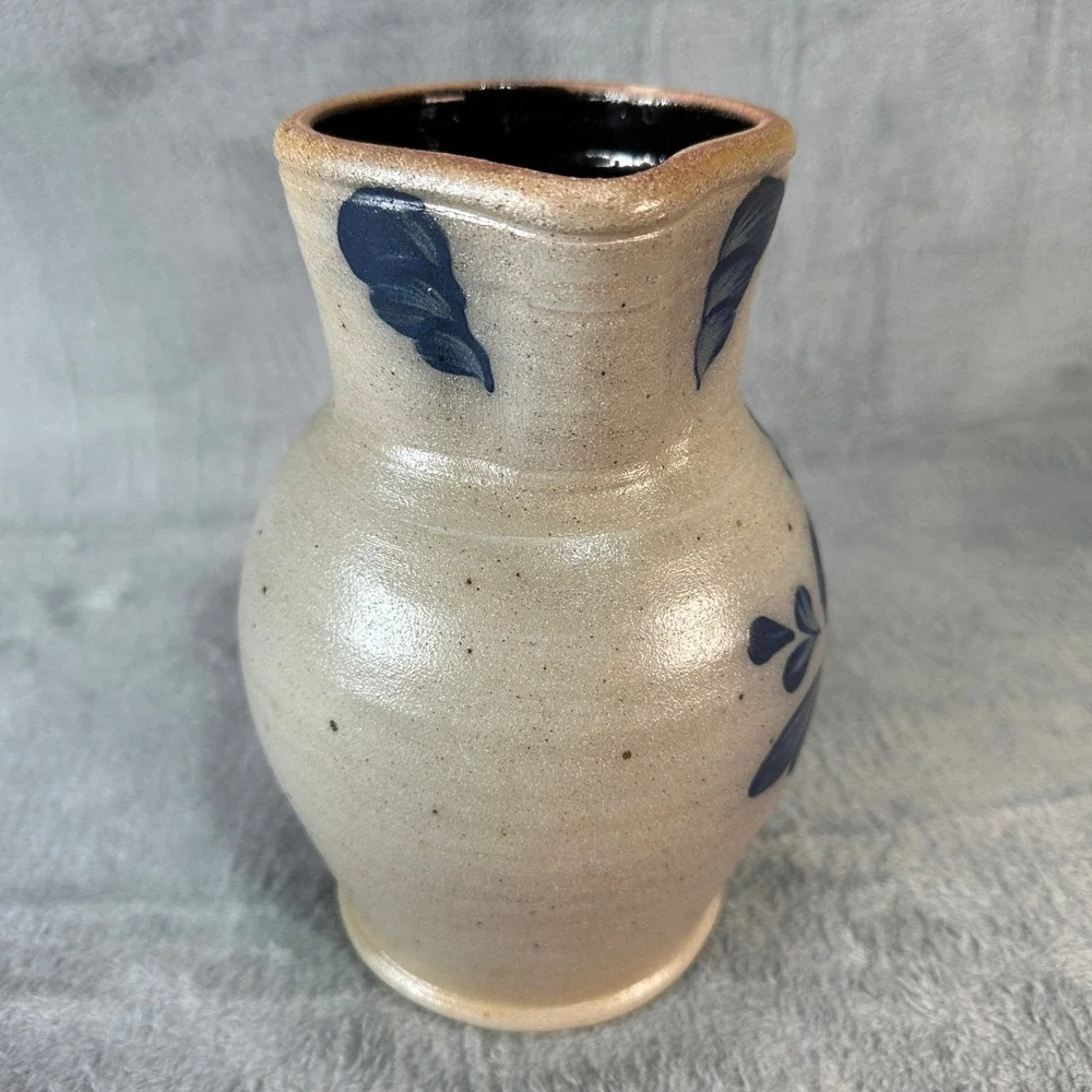 Vintage 1989 Rowe Pottery Works Blue Heart Salt Glaze Stoneware Pitcher